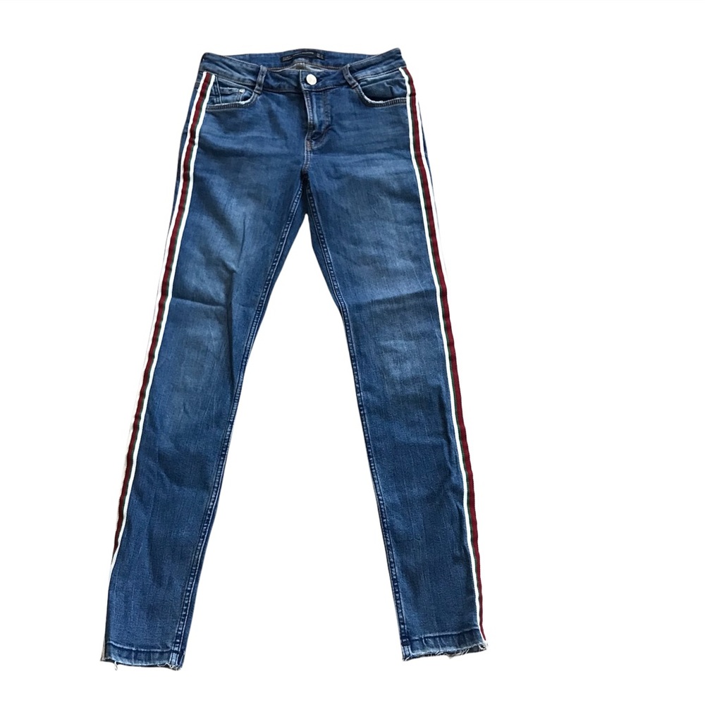 Zara Trafaluc red green white side stripped skinny straight raw hem jeans